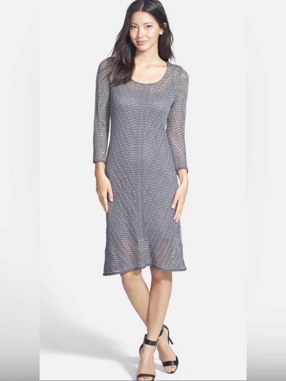 Tommy Bahama Gray Open-Knit Scoop Neck Long Sleeve Dress